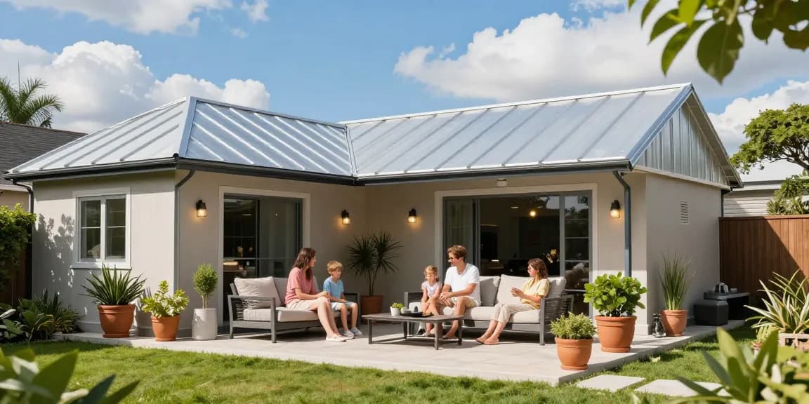 Gemütliche Familie unter einer Terrassenüberdachung genießt die Sonne, ideal für Terrassenüberdachungen.