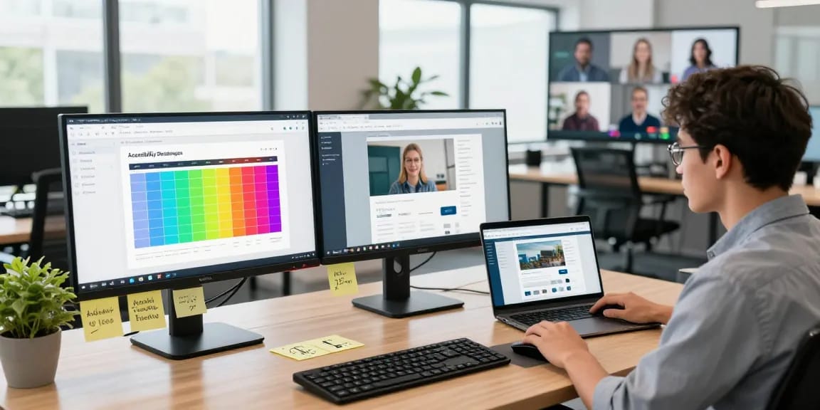 Web development scene focusing on barrier-free and legally compliant websites, showcasing the web developer's workspace.