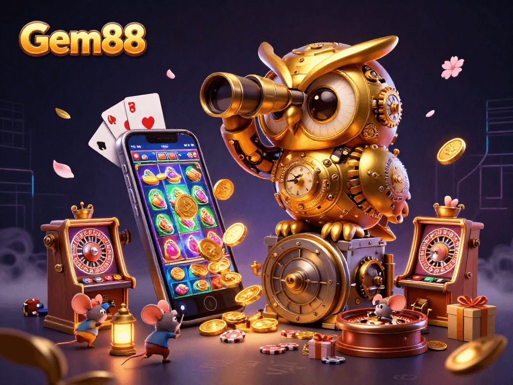 Gem88 invokes excitement with a lively casino scene featuring a clockwork owl and vibrant game elements.