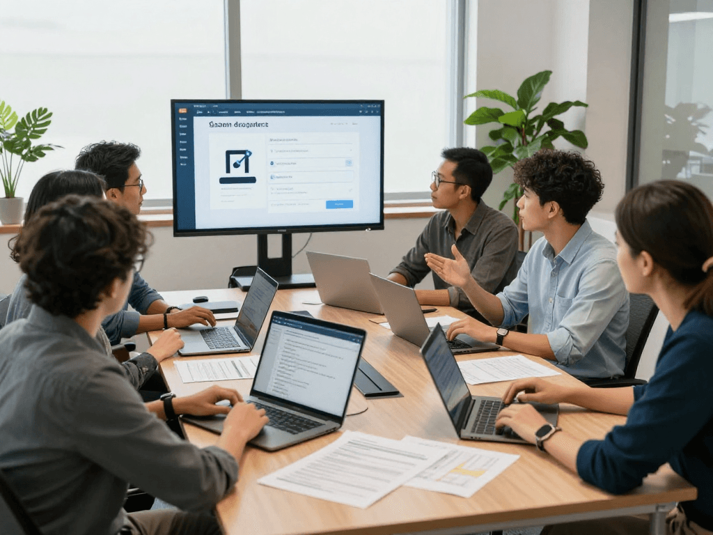 Ein Team von Experten diskutiert barrierefreie und rechtssichere Webseiten Dienstleistungen in einem modernen Konferenzraum.