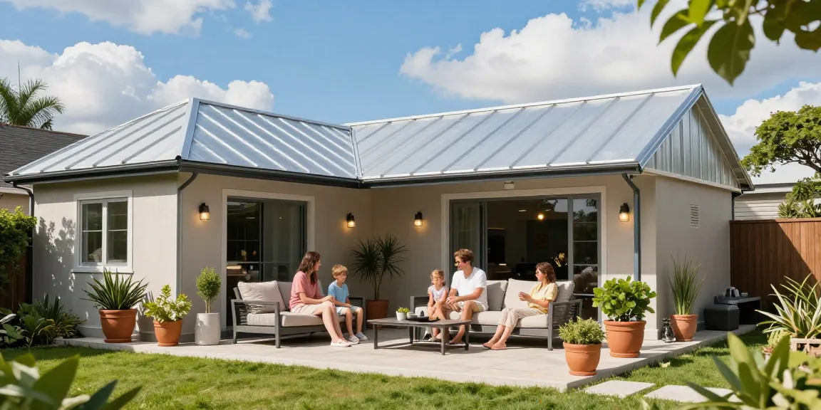 Gemütliche Familie unter einer Terrassenüberdachung genießt die Sonne, ideal für Terrassenüberdachungen.