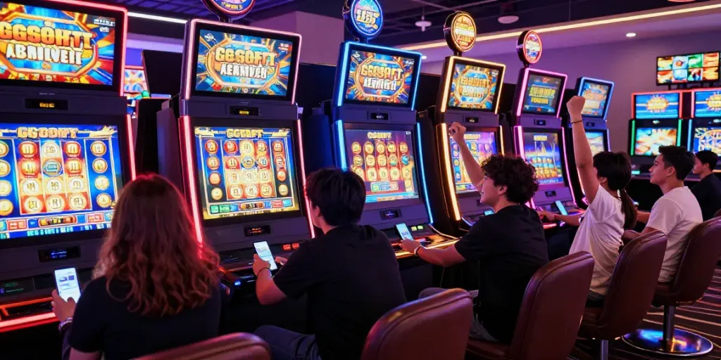 Exciting players enjoying GGSOFT slot games in a vibrant gaming casino atmosphere.
