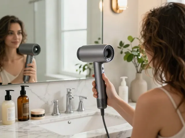 Föhn ohne Hitzeschäden in einem eleganten Badezimmer, der sanft gesundes Haar trocknet.