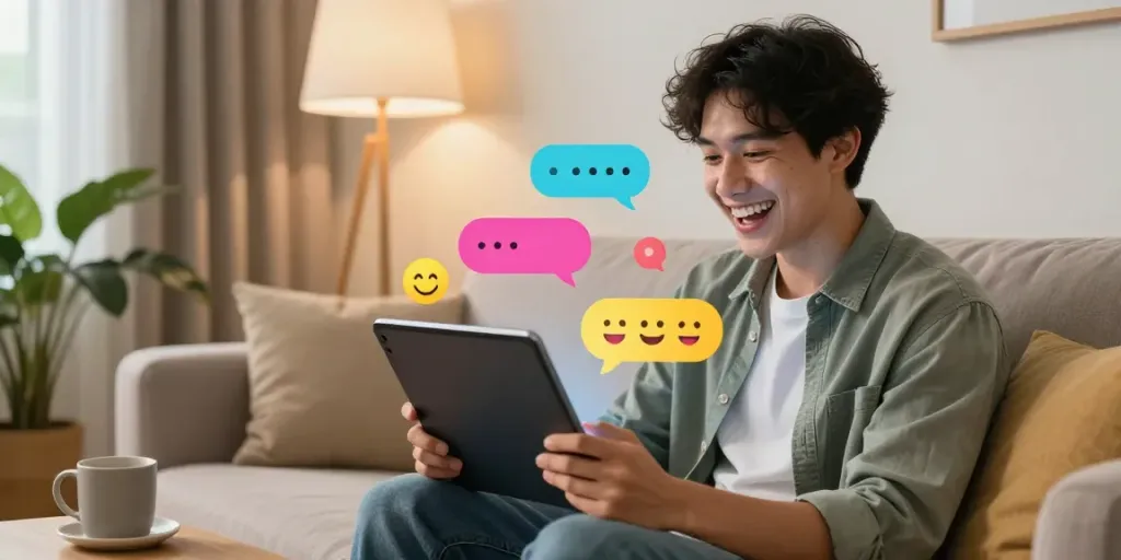 Dynamic spicy chat session with AI companion in cozy living room