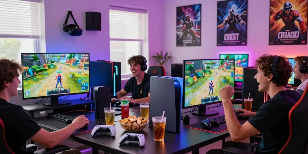 Exciting gaming scene with players enjoying rokok88 rtp on consoles and vibrant atmosphere.
