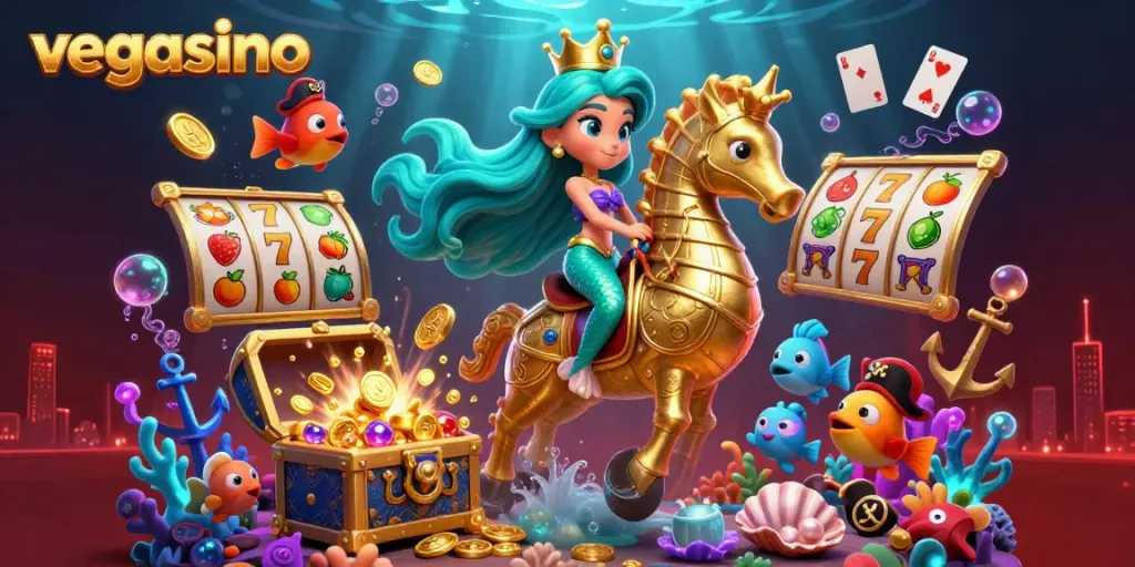 Engage with vegasino's vibrant slot games showcased by a playful mermaid princess in a dynamic underwater scene.