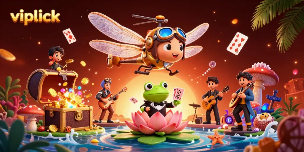 Engage with the vibrant scene at vipluck, featuring a dragonfly pilot and frog dealer amidst casino elements.