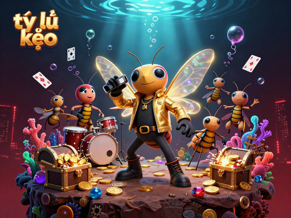 Exciting visual of tỷ lệ kèo with a 3D cicada rock star, drummer beetle, and glowing treasures in a casino-themed illustration.