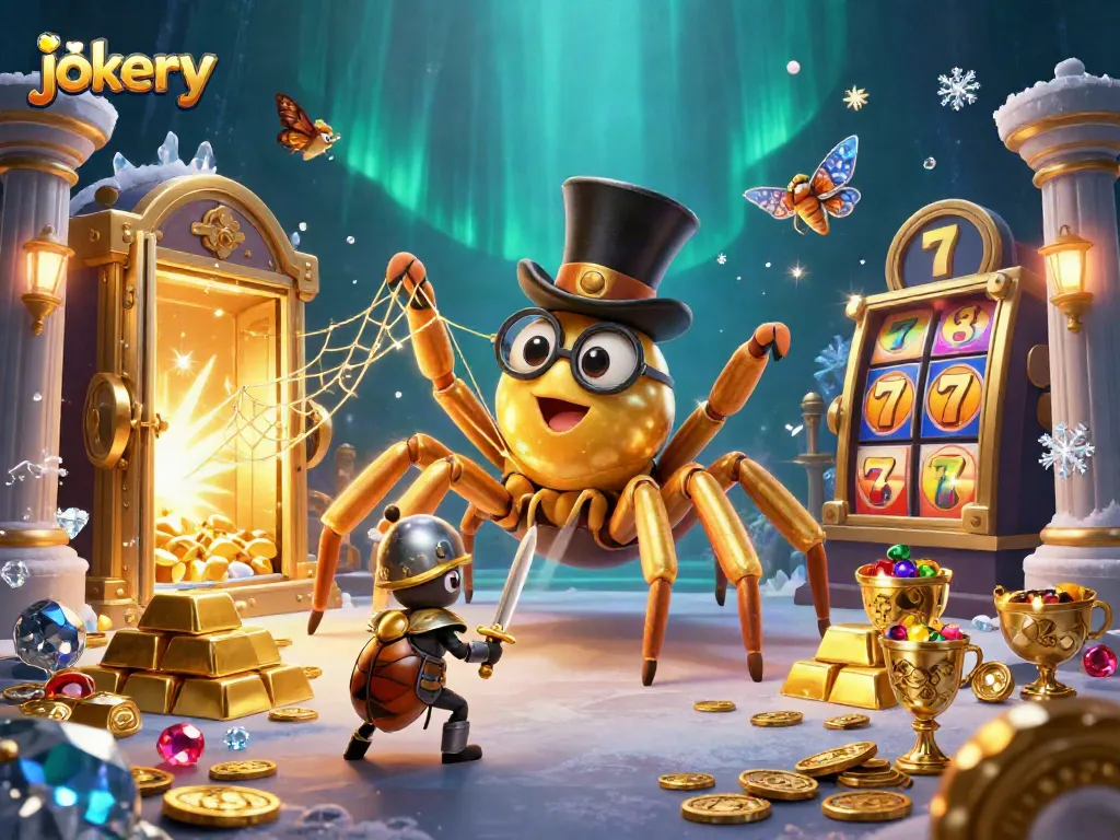 Engage in jokery fun at this vibrant casino scene with characters surrounded by golden treasures and slot machines.