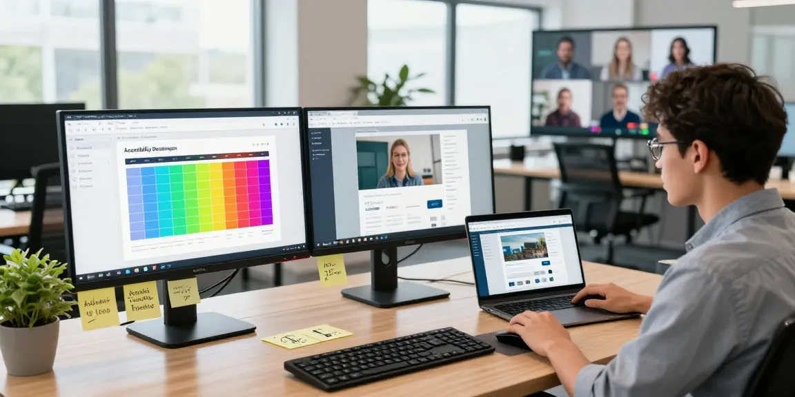 Web development scene focusing on barrier-free and legally compliant websites, showcasing the web developer's workspace.