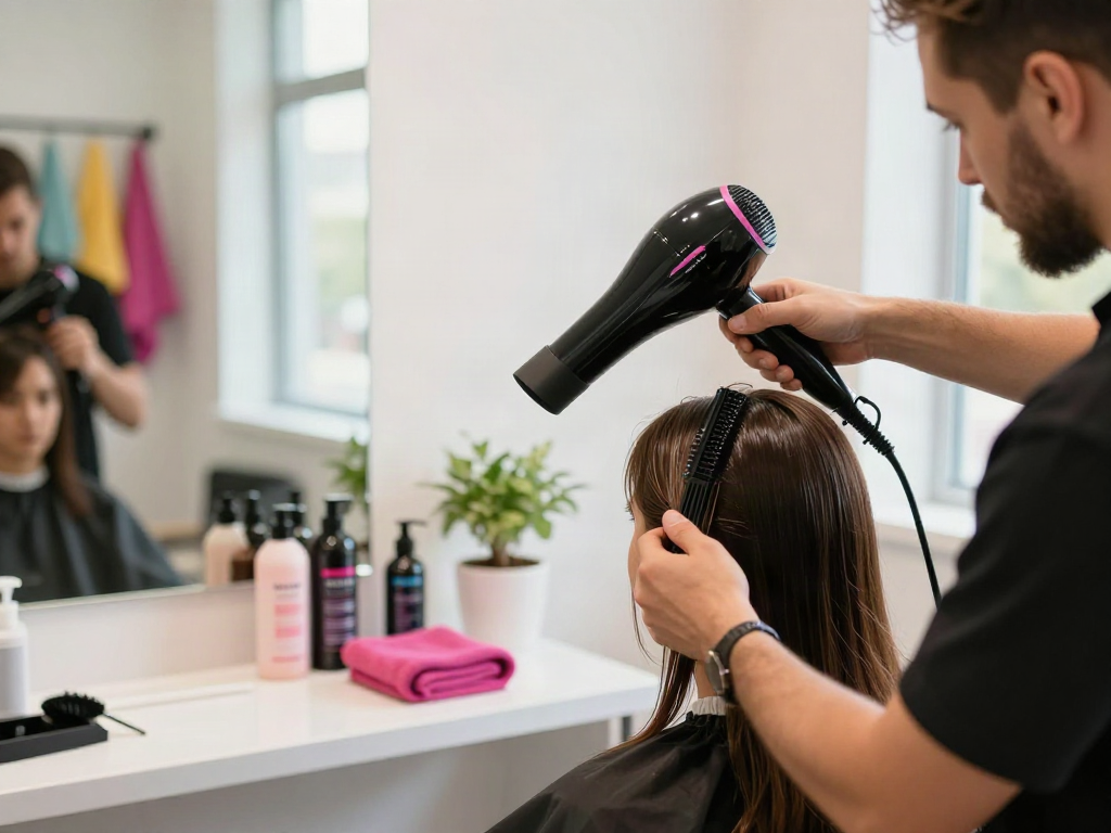Professioneller Einsatz des Laifen Föhns bei der Haargestaltung in einem stilvollen Badezimmer.