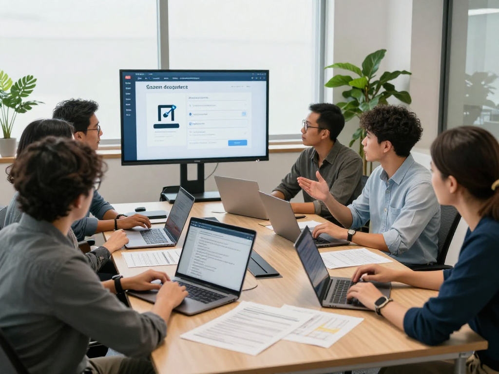 Ein Team von Experten diskutiert barrierefreie und rechtssichere Webseiten Dienstleistungen in einem modernen Konferenzraum.