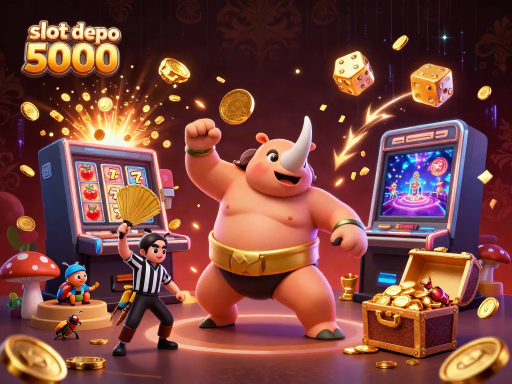 Experience excitement with slot depo 5000 as a rhino beetle stomps coins, surrounded by vibrant casino elements.