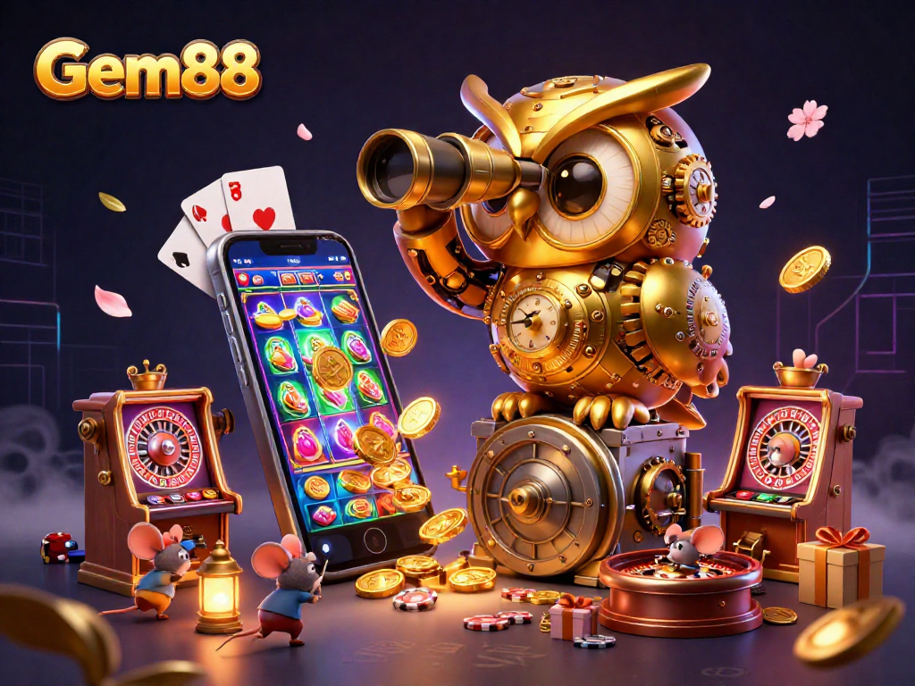 Gem88 invokes excitement with a lively casino scene featuring a clockwork owl and vibrant game elements.