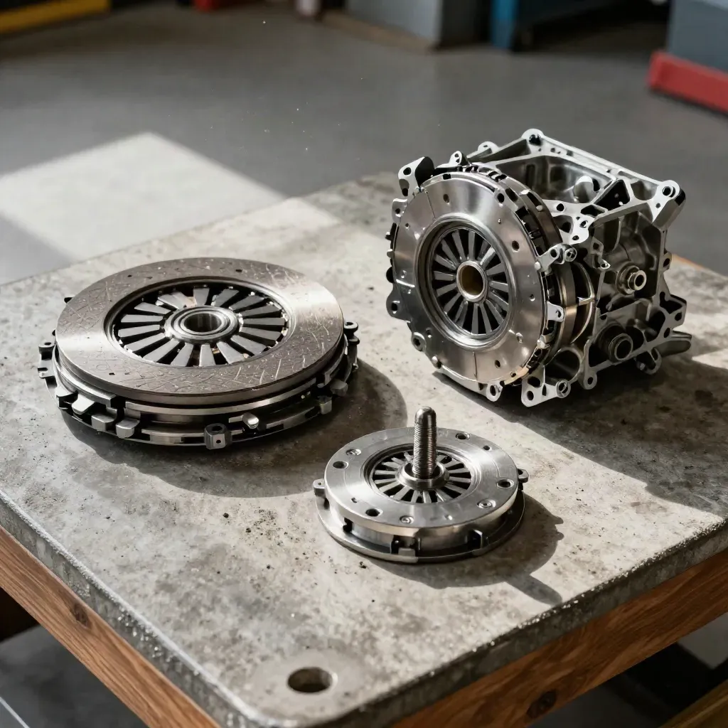Kupplungssatz und Glockengehäuse auf Werkstattboden, mit rotem Tuch und Montagewerkzeug.