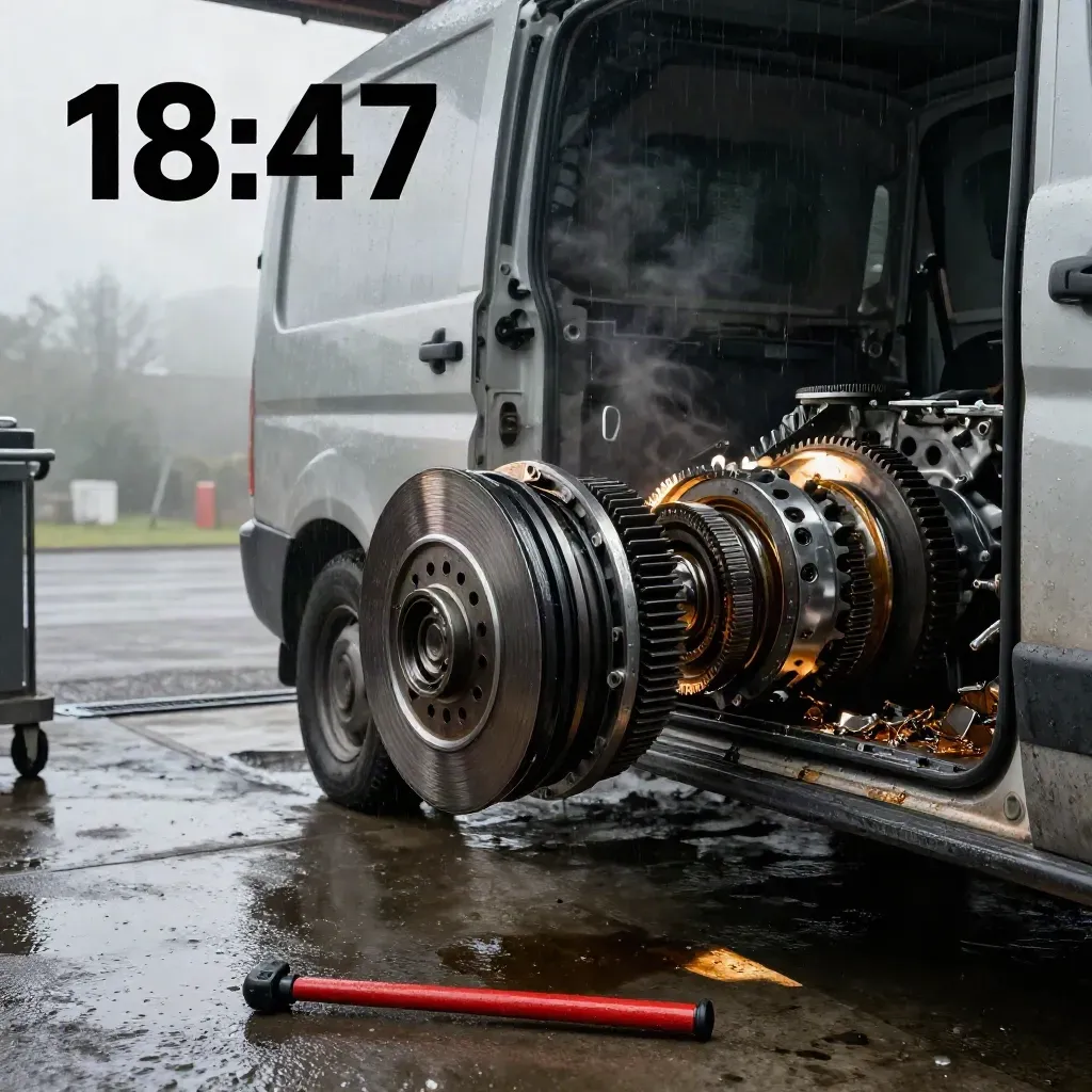 Offenes Transporter-Getriebe im Regenlicht mit Kupplung, Ölwannne und rotem Wagenhebergriff