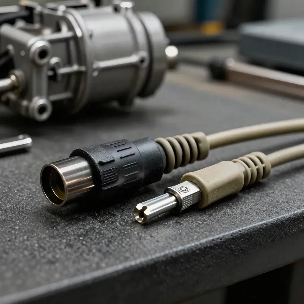 Makro von OBD-Stecker, Adapterkabel, Sicherungszieher und Prüfkontakt in der Werkstatt.