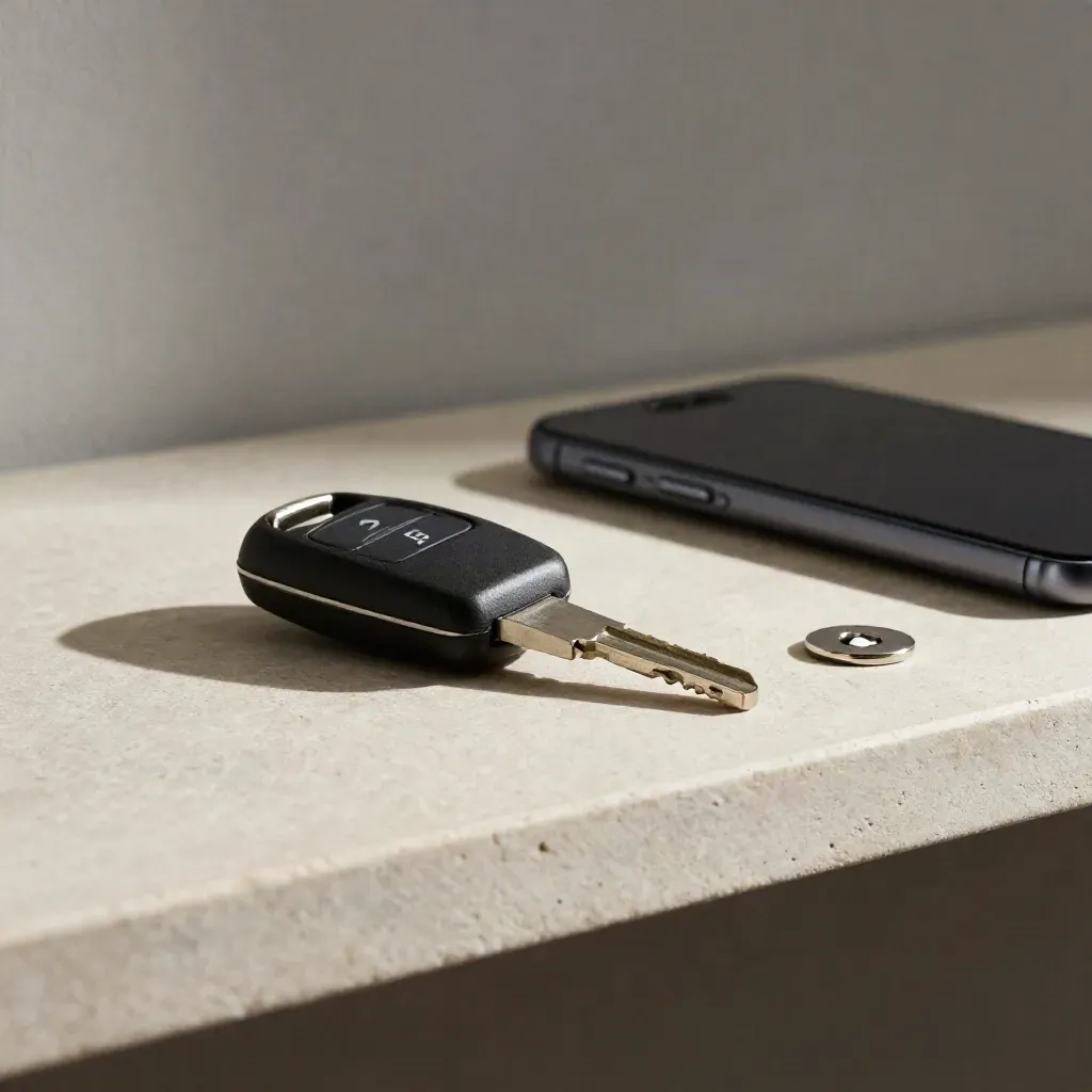 Autoschlüssel, dunkles Smartphone und Metall-Token auf einer Steinschale im weichen Seitenlicht.