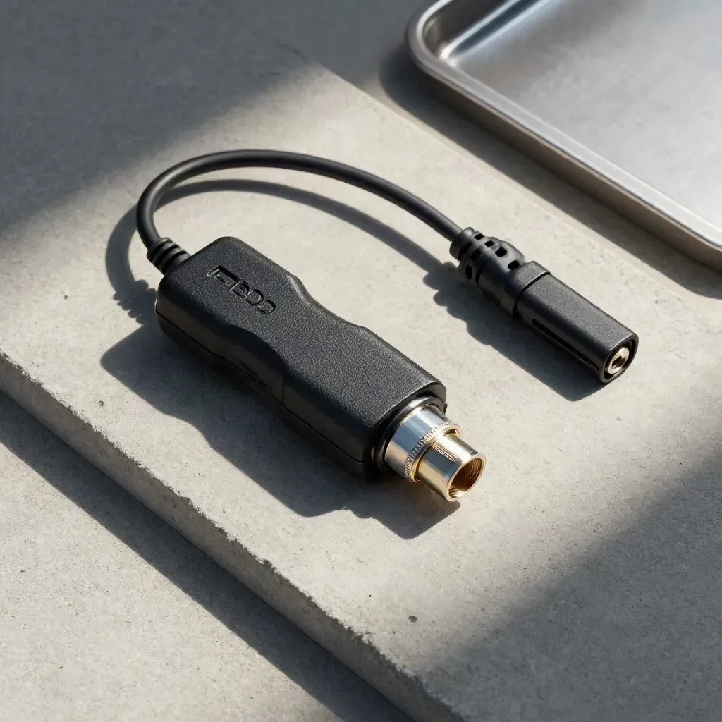 OBD-Adapter, Diagnosekabel, Sicherungszieher und Metallstecker auf hellem Beton.
