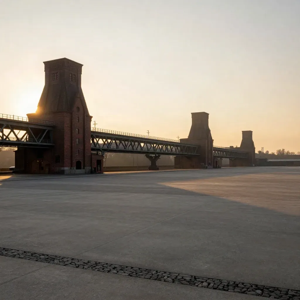Ruhrgebiet West mit Backstein-Silhouetten, Brücke und goldener Abendhaze