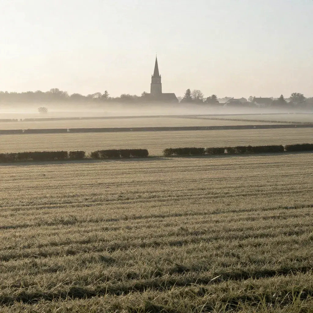 Morgennebel über flachen Feldern im Münsterland mit fernem Kirchturm.