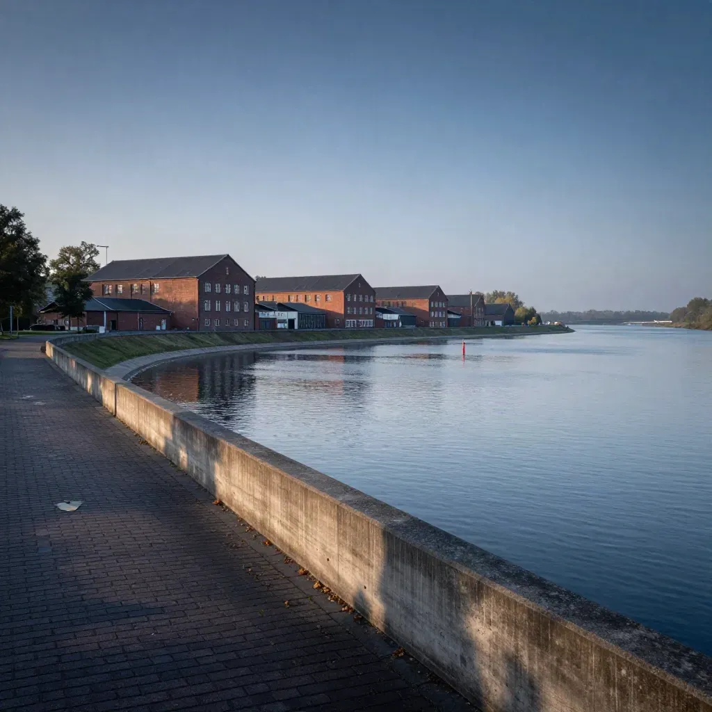 Abendblaue Flussbiegung im Kreis Unna mit Backsteinbauten und ruhiger Baumkante.