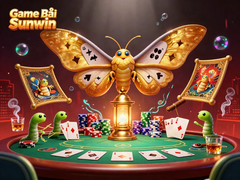 Experience the thrill of Game Bài Sunwin with a vibrant casino scene featuring a golden-winged moth and poker elements.