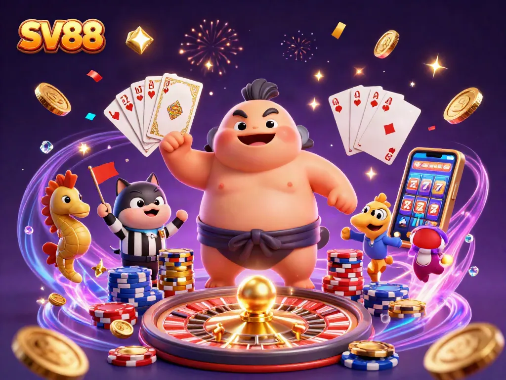 Experience thrilling gameplay at SV88 with lively characters and dynamic casino elements in a vibrant illustration.