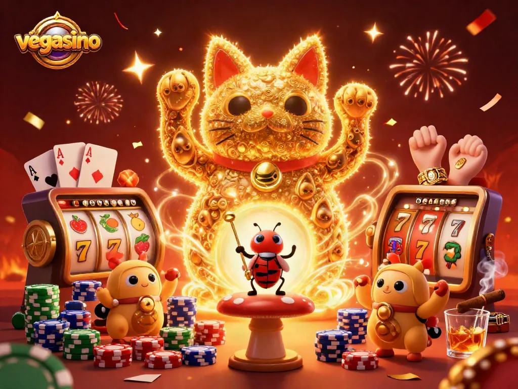 Experience the excitement at vegasino with a giant lucky cat formed by glowing fireflies amidst vibrant slot elements.