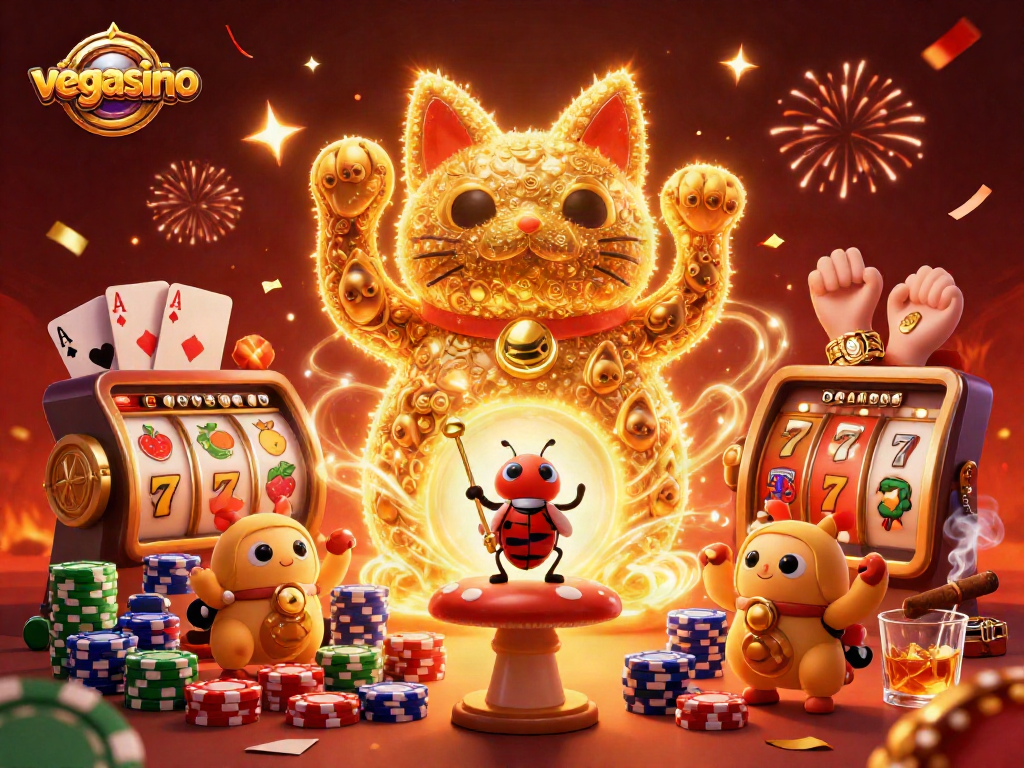 Experience the excitement at vegasino with a giant lucky cat formed by glowing fireflies amidst vibrant slot elements.