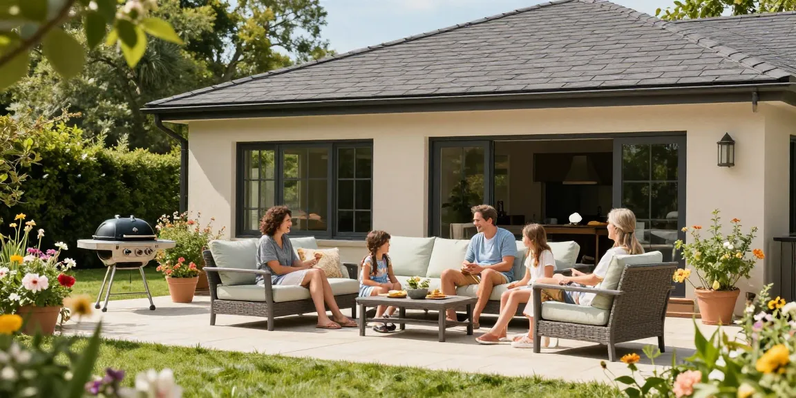 Freistehende Terrassenüberdachung in einem Familiengarten mit Kindern, die draußen spielen