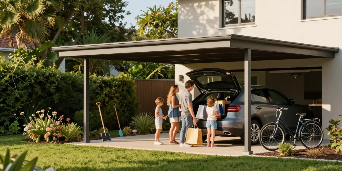 Moderne Carport-Installation mit Familie im Garten, die Einkäufe aus dem Auto auspackt.