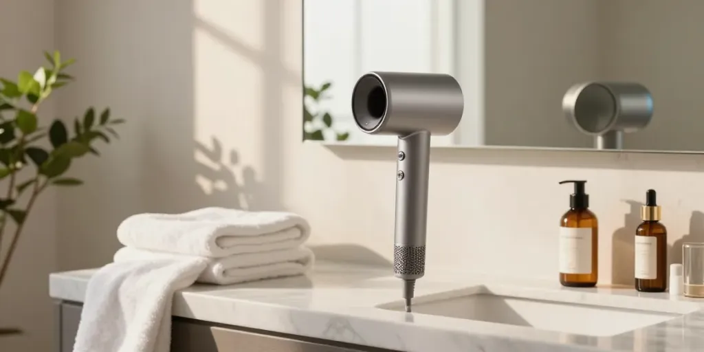 Eleganter ionen Haartrockner neben Schönheitspflegeprodukten in modernem Badezimmer.