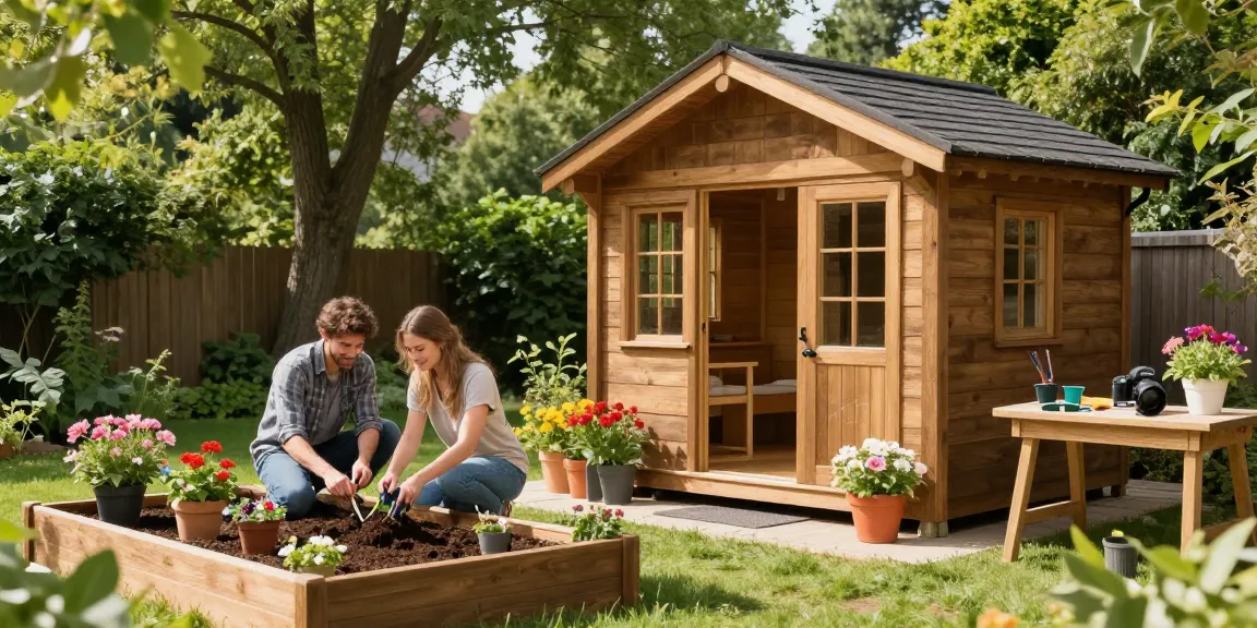 Ein Gartenhaus in einem malerischen Hinterhof mit bunten Blumen und Gartenwerkzeugen, das eine Wohlfühloase schafft.