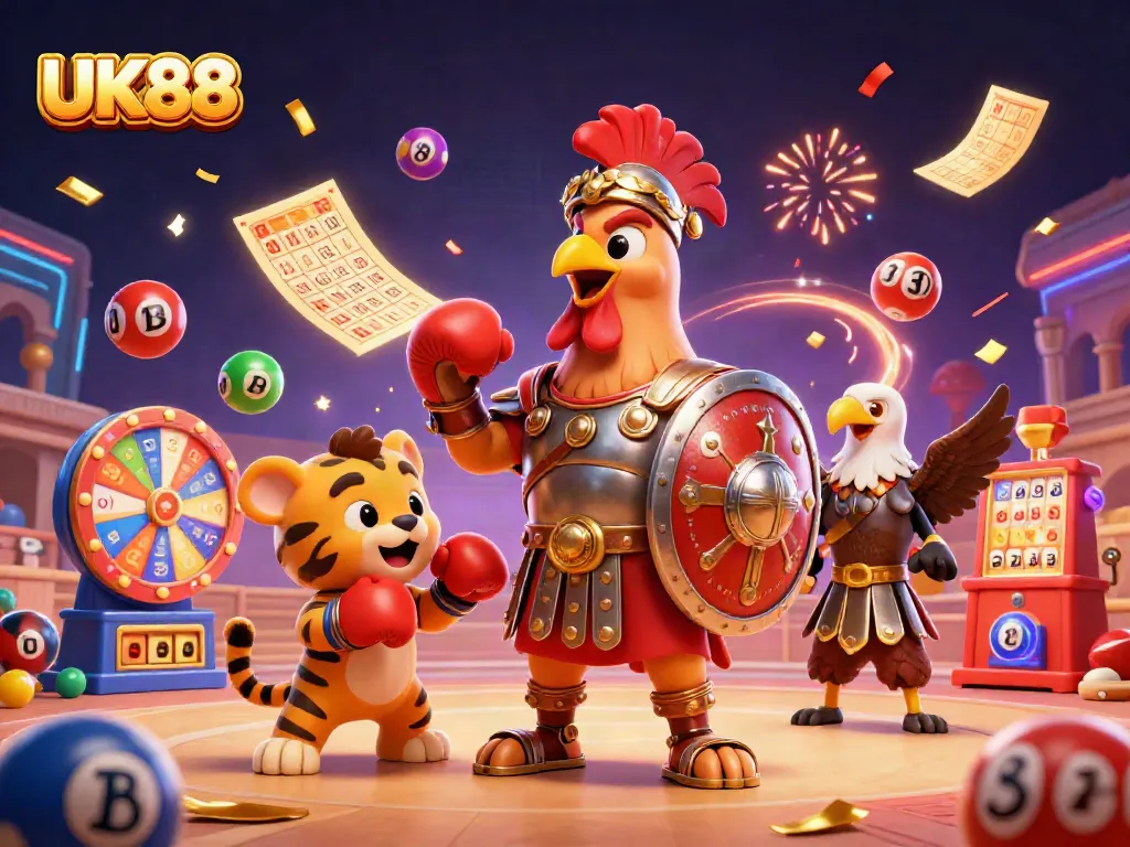 Experience thrilling gaming at UK88 with a dynamic casino scene featuring vibrant elements like colored lottery balls and golden tickets.