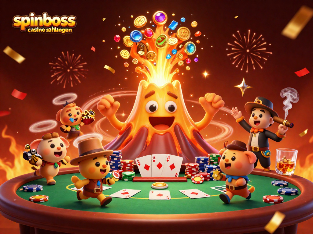 Spinboss Casino Zahlungen in einer lebhaften 3D-Illustration mit Vulkan und Spielern.