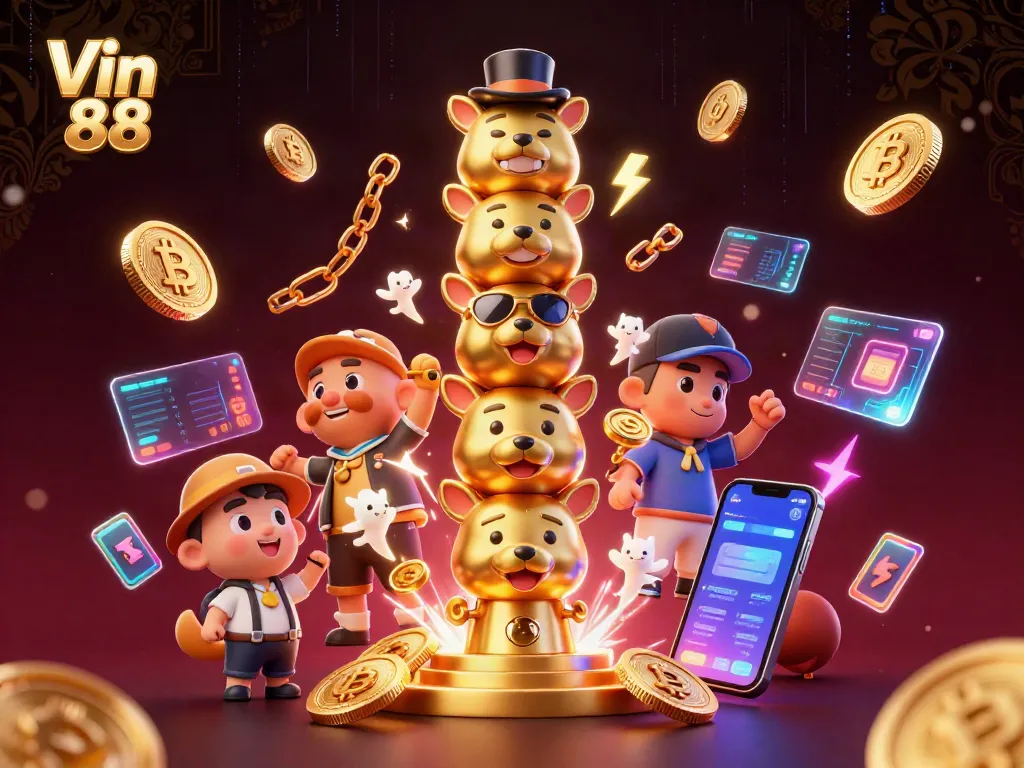 Spin big wins at Vin 88 with animated totem pole and glowing crypto coins.