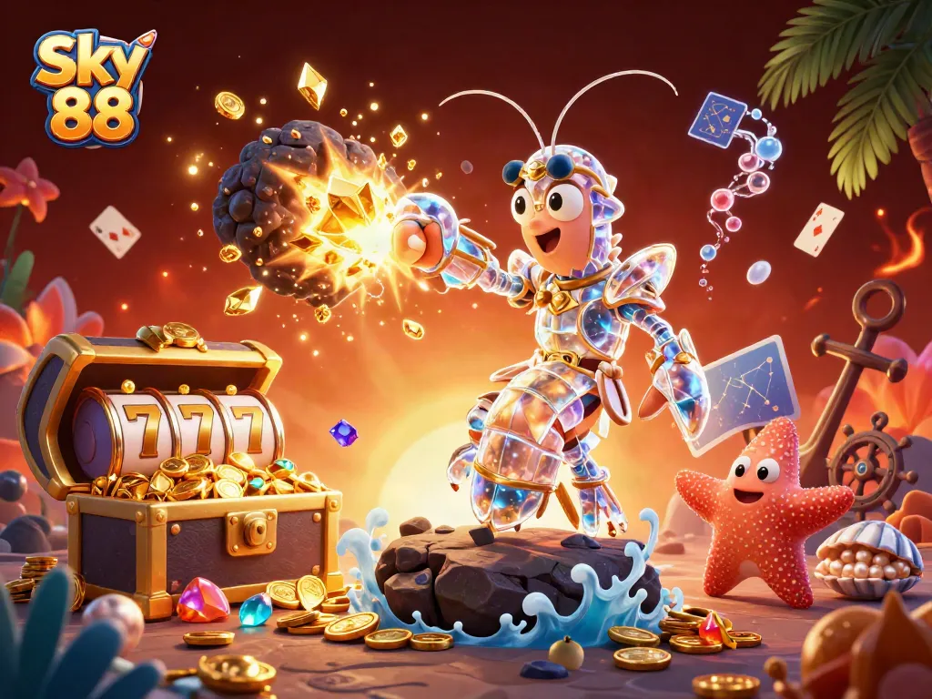 Experience thrilling gaming at Sky 88 with colorful gems, vibrant cards, and dynamic action.