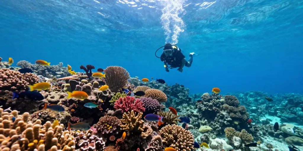 Impression vom Cozumel-Tauchen mit bunten Korallenriffen und einem tauchenden Abenteurer im klaren Wasser.