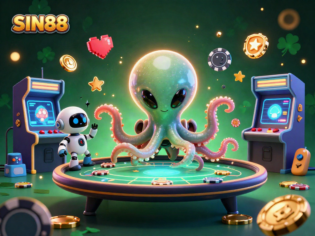 SIN88 alien octopus deals cards at a holographic poker table surrounded by gaming elements.